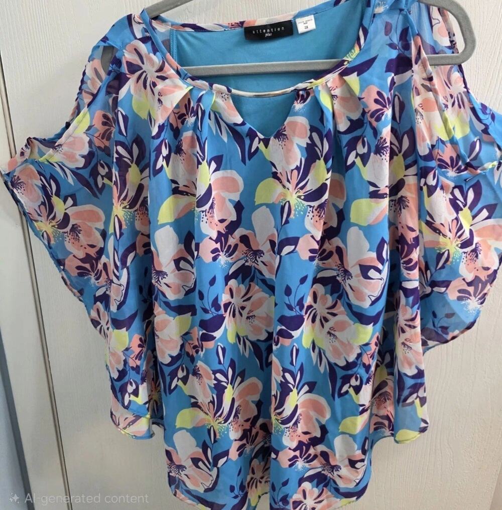 Attention Plus Floral Top Open Shoulder Lined With Tank Blue Pink Floral 2x Boho